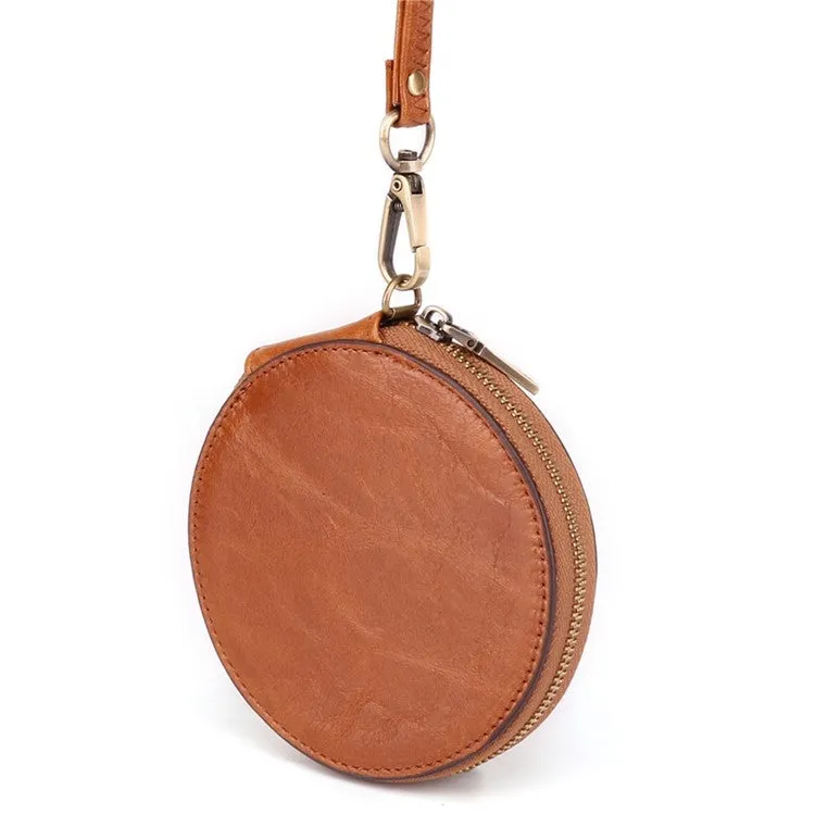 (Ø115mm) Leather coin purse vintage wallet purse with hand strap - Brown