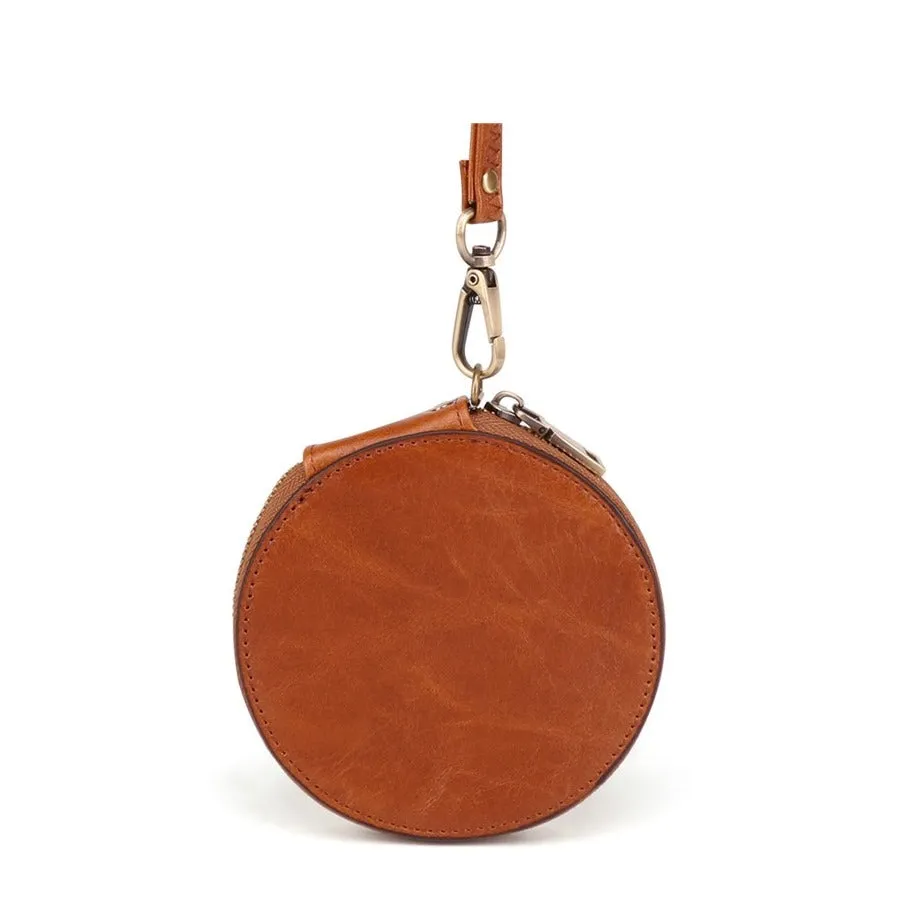 (Ø115mm) Leather coin purse vintage wallet purse with hand strap - Brown