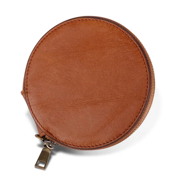 (Ø115mm) Leather coin purse vintage wallet purse with hand strap - Brown