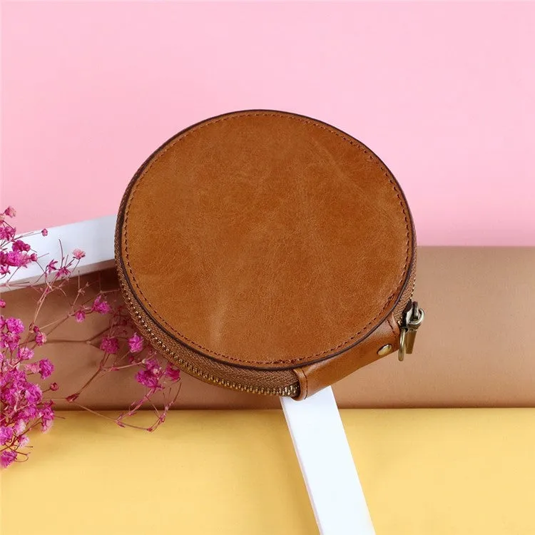 (Ø115mm) Leather coin purse vintage wallet purse with hand strap - Brown
