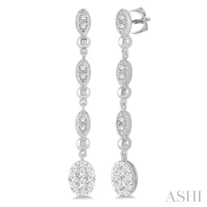 1/2 ctw Oval Lovebright and Marquise Motif Round Cut Diamond Fashion Long Earrings in 14K White Gold