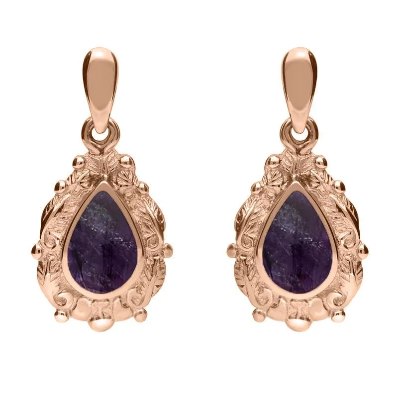 18ct Rose Gold Blue John Pear Shaped Leaf Drop Earrings