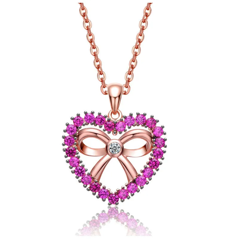 18K Rose Gold Plated Heart Shaped Pendant Necklace with Clear Cubic Zirconia for Kids/Girls