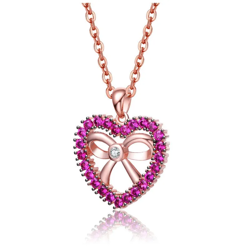 18K Rose Gold Plated Heart Shaped Pendant Necklace with Clear Cubic Zirconia for Kids/Girls