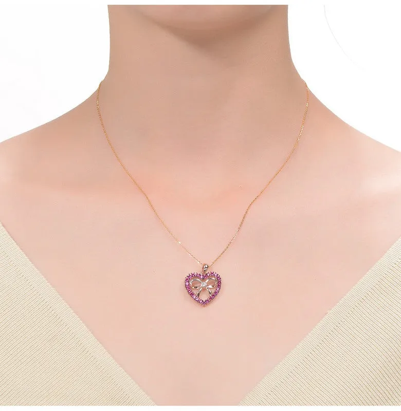 18K Rose Gold Plated Heart Shaped Pendant Necklace with Clear Cubic Zirconia for Kids/Girls