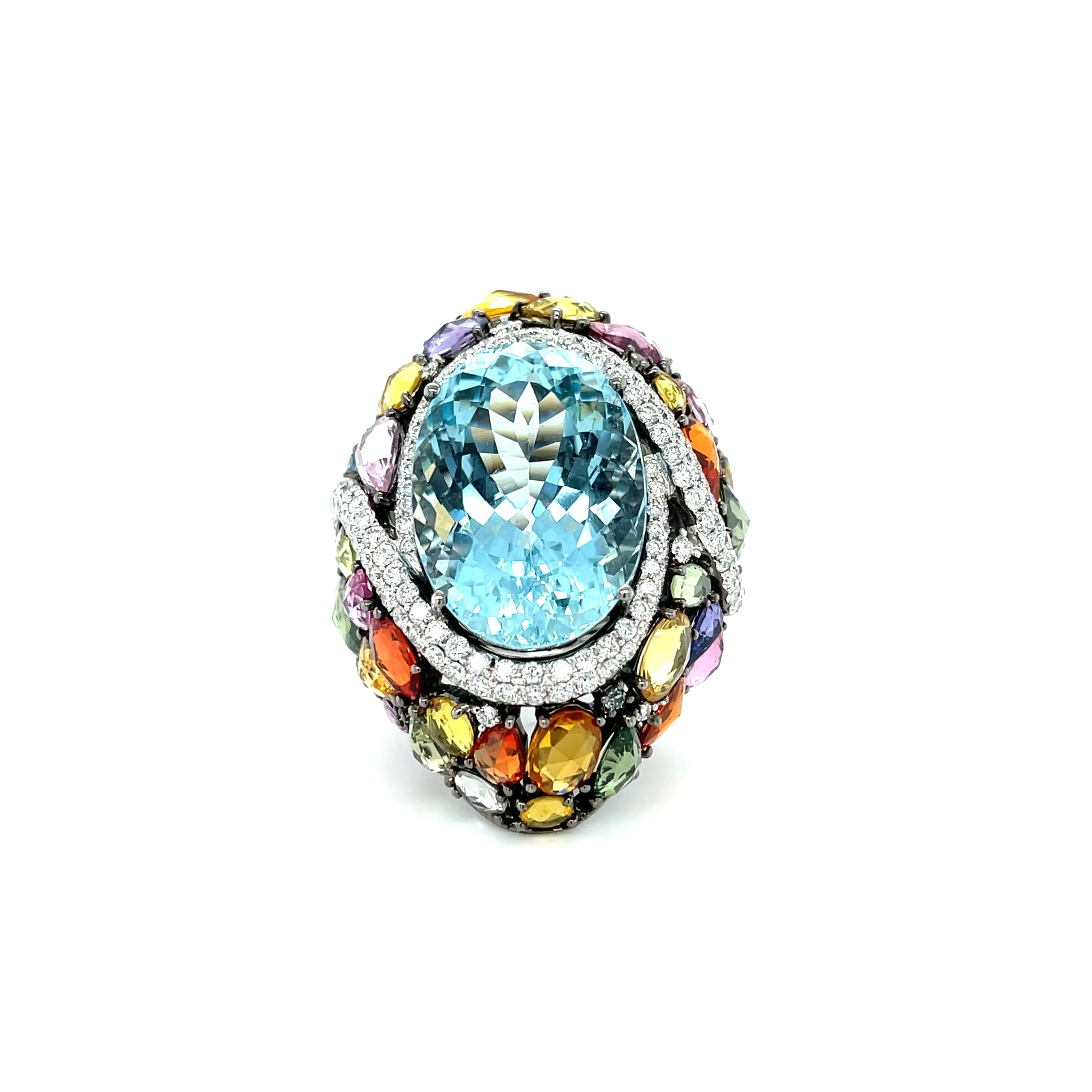 18k White Gold 23.75ct Oval Cut Aquamarine Multi-Colored Rose Cut Sapphire Ring