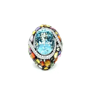 18k White Gold 23.75ct Oval Cut Aquamarine Multi-Colored Rose Cut Sapphire Ring