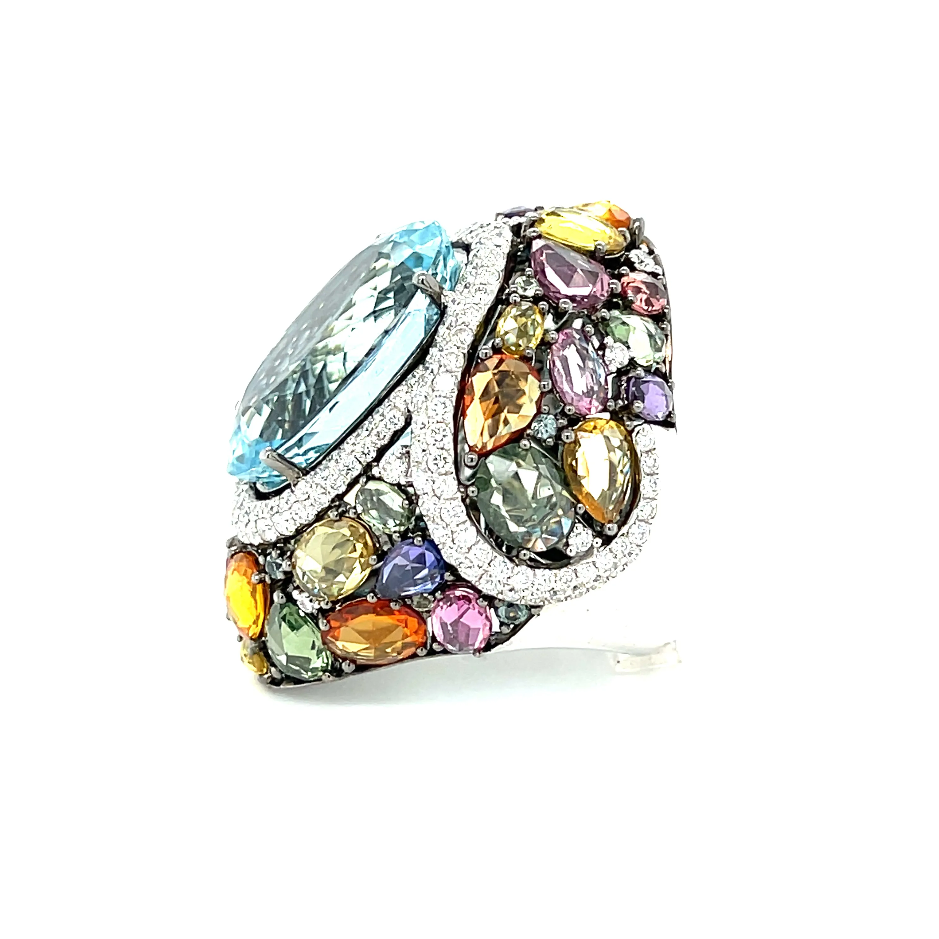 18k White Gold 23.75ct Oval Cut Aquamarine Multi-Colored Rose Cut Sapphire Ring