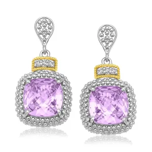 18k Yellow Gold 925 Silver Cushion Amethyst Diamond Earrings .05cttw