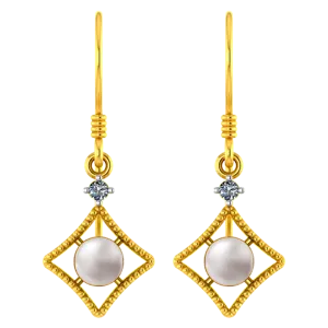 22k American Diamond Shaped Gold Earrings With A Pearl And Stone Detailing