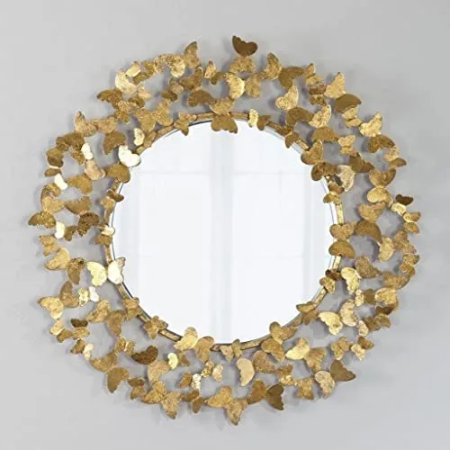 AD iNTER Golden Metal Butterfly Decorative Wall Mount Mirror for Room, Hall (30×30×5cm)