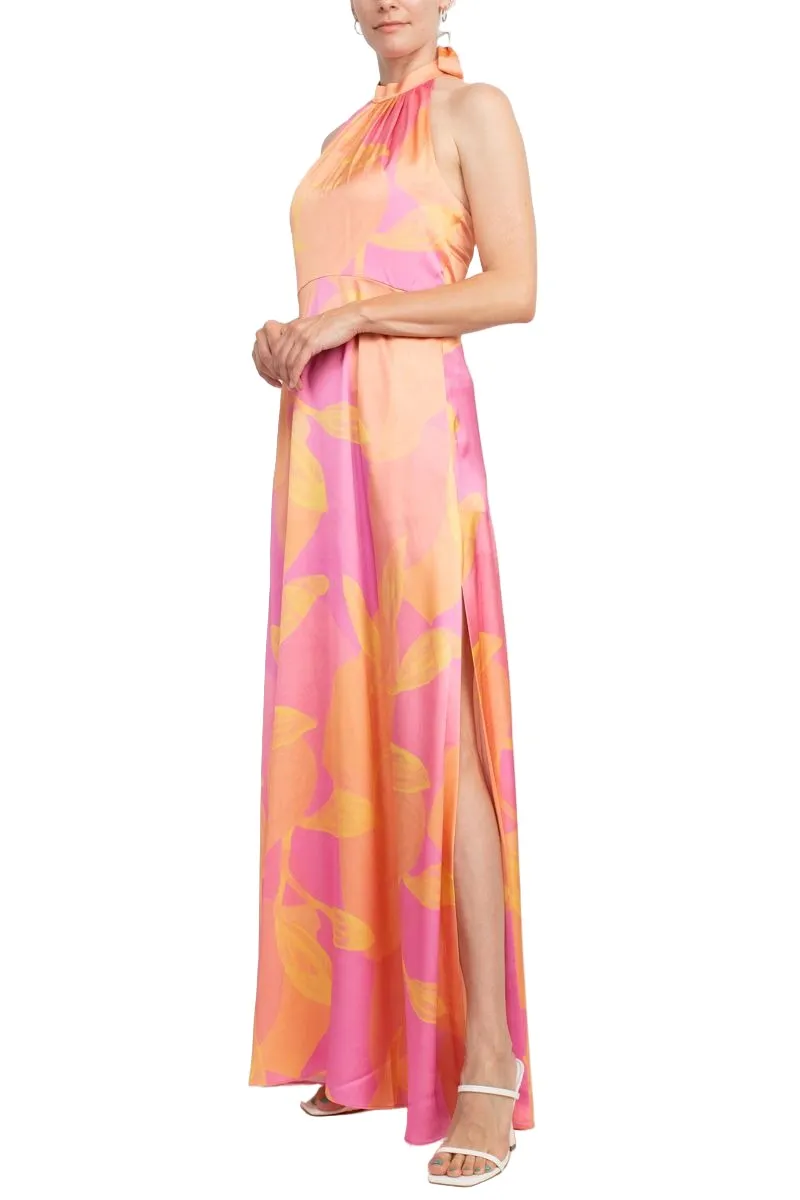 Aidan Mattox Halter Tie Neck Zipper Back Multi Print Satin Dress