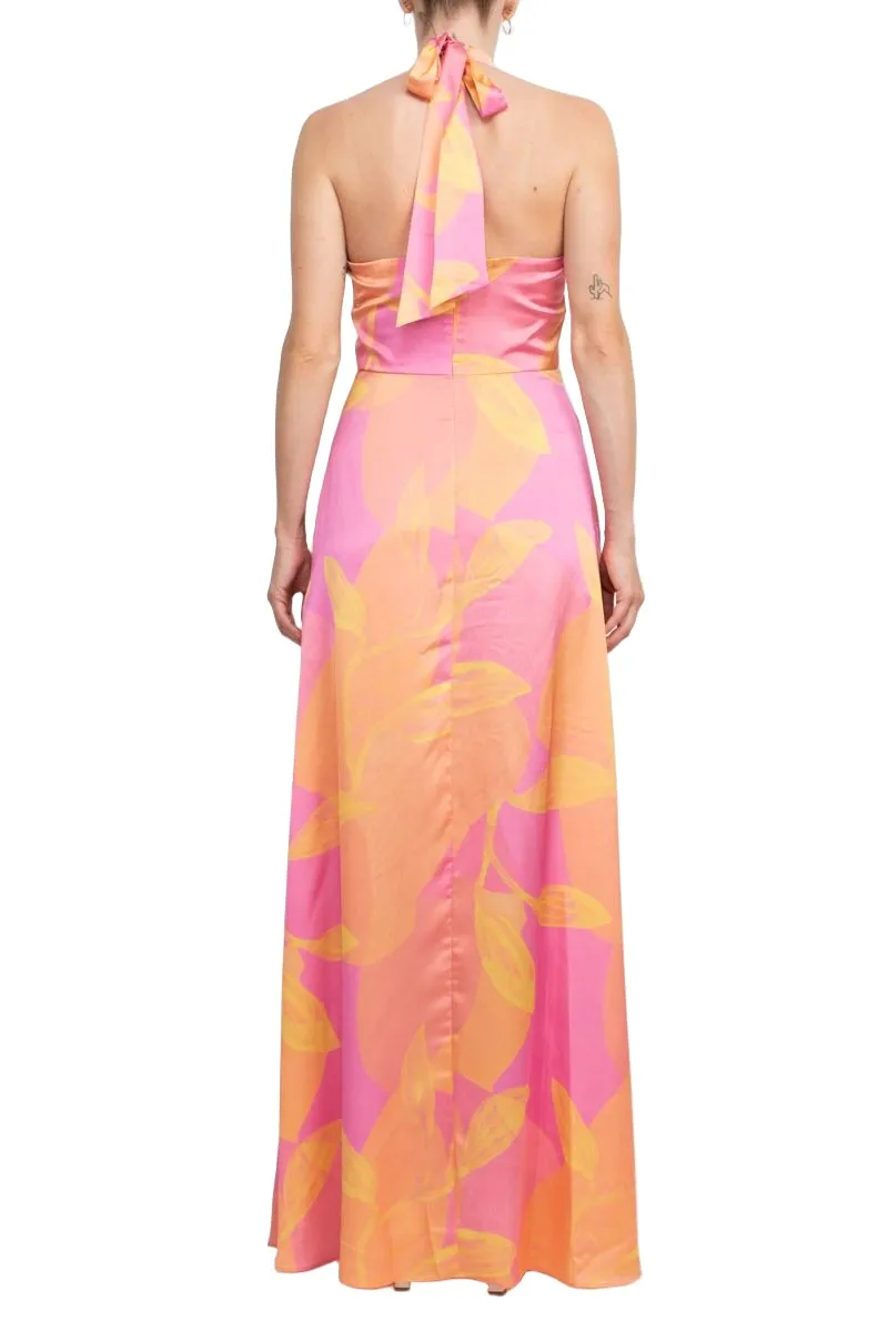 Aidan Mattox Halter Tie Neck Zipper Back Multi Print Satin Dress