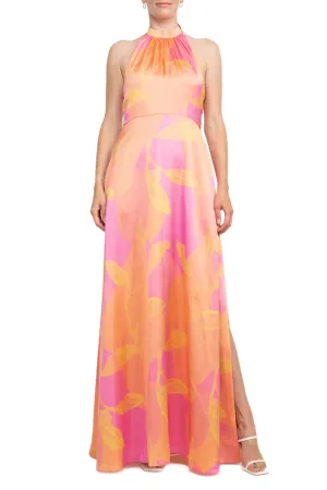 Aidan Mattox Halter Tie Neck Zipper Back Multi Print Satin Dress