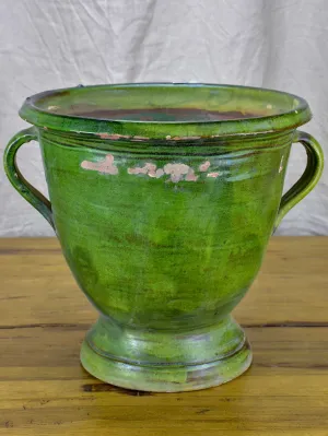 Antique French garden planter with green glaze and handles