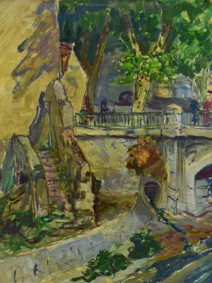 Antique French painting of a Provincial village, 1940's - 22 ½ x 26 ½""