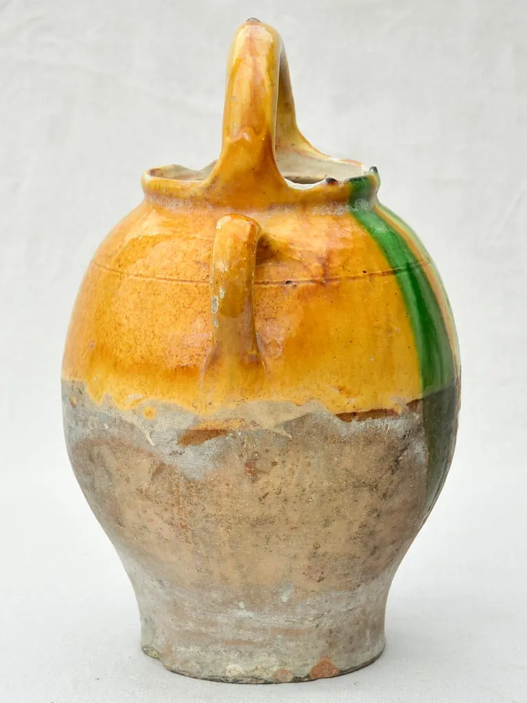 Antique French water pitcher / cruche with yellow and green glaze 15¼"