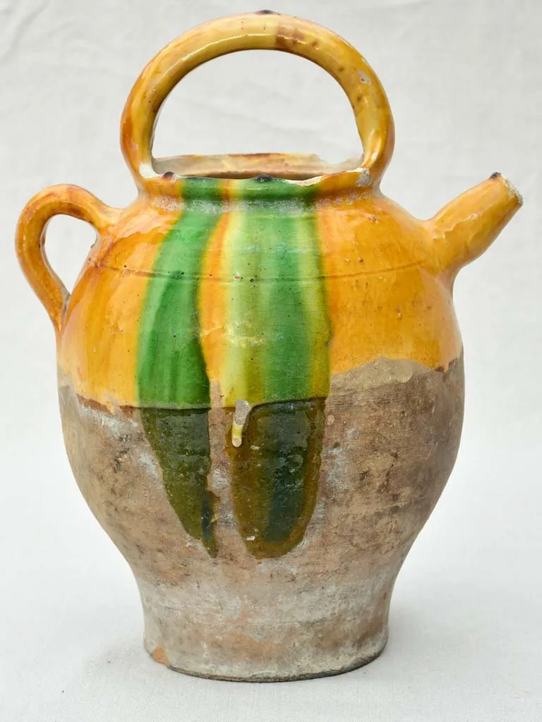 Antique French water pitcher / cruche with yellow and green glaze 15¼"