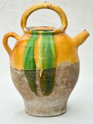 Antique French water pitcher / cruche with yellow and green glaze 15¼"