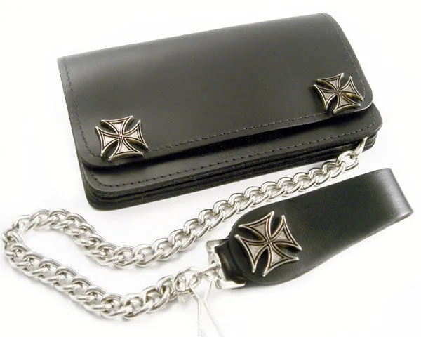 Black Leather Biker Chain Wallet with Iron Cross Snaps