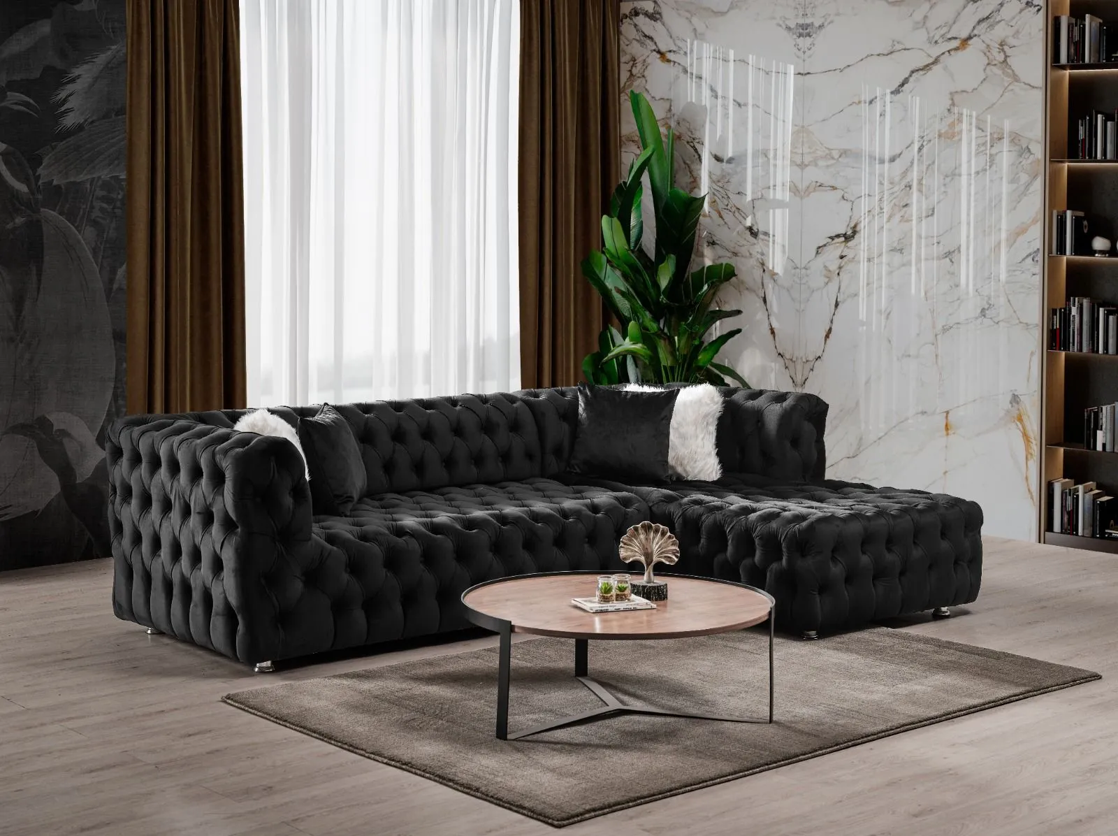 Black Velvet Tufted Sectional- Includes Throw Pillows - Model Romena