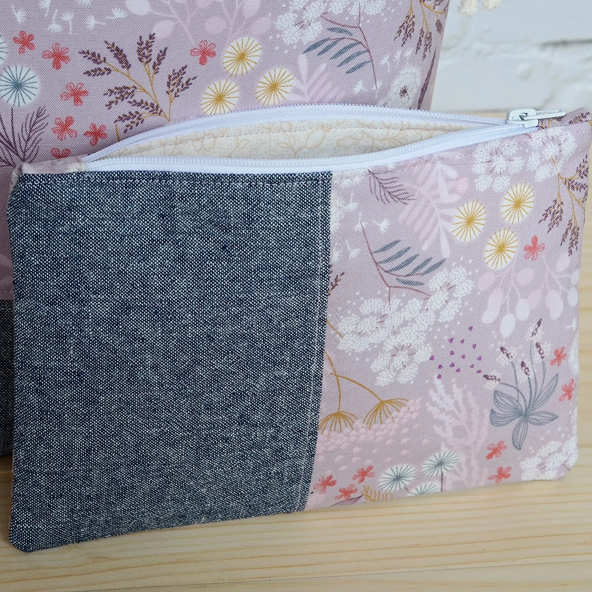 Blue and Mauve Cotton Linen Drawstring Project Bag and Accessory Pouch Set