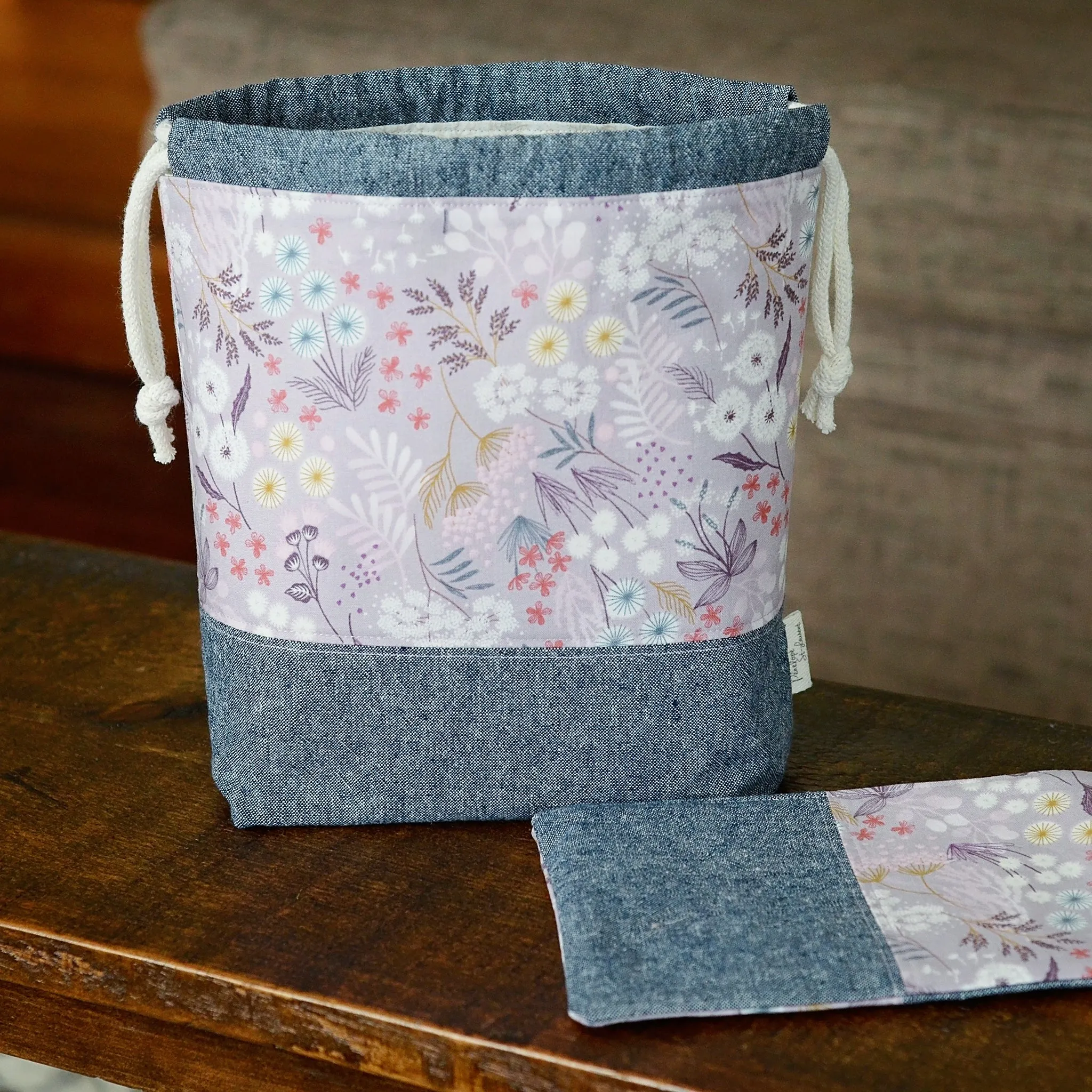 Blue and Mauve Cotton Linen Drawstring Project Bag and Accessory Pouch Set
