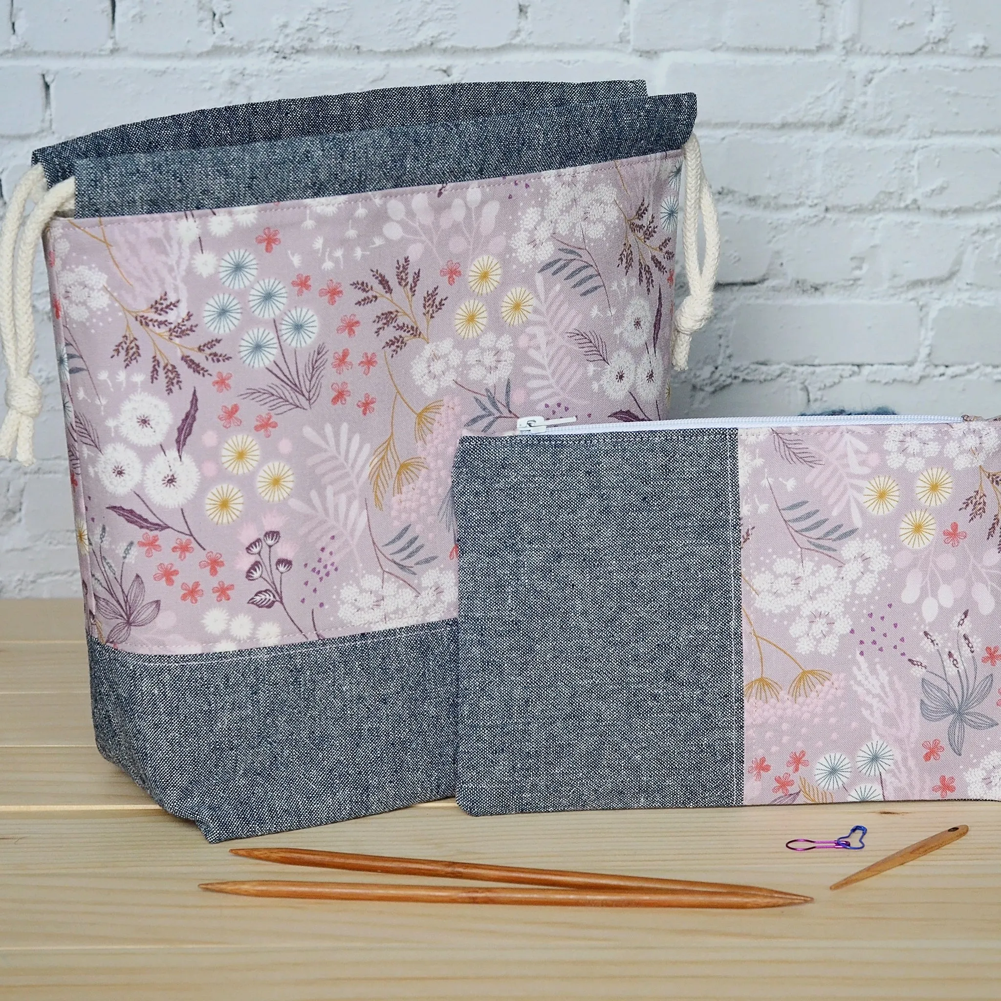 Blue and Mauve Cotton Linen Drawstring Project Bag and Accessory Pouch Set