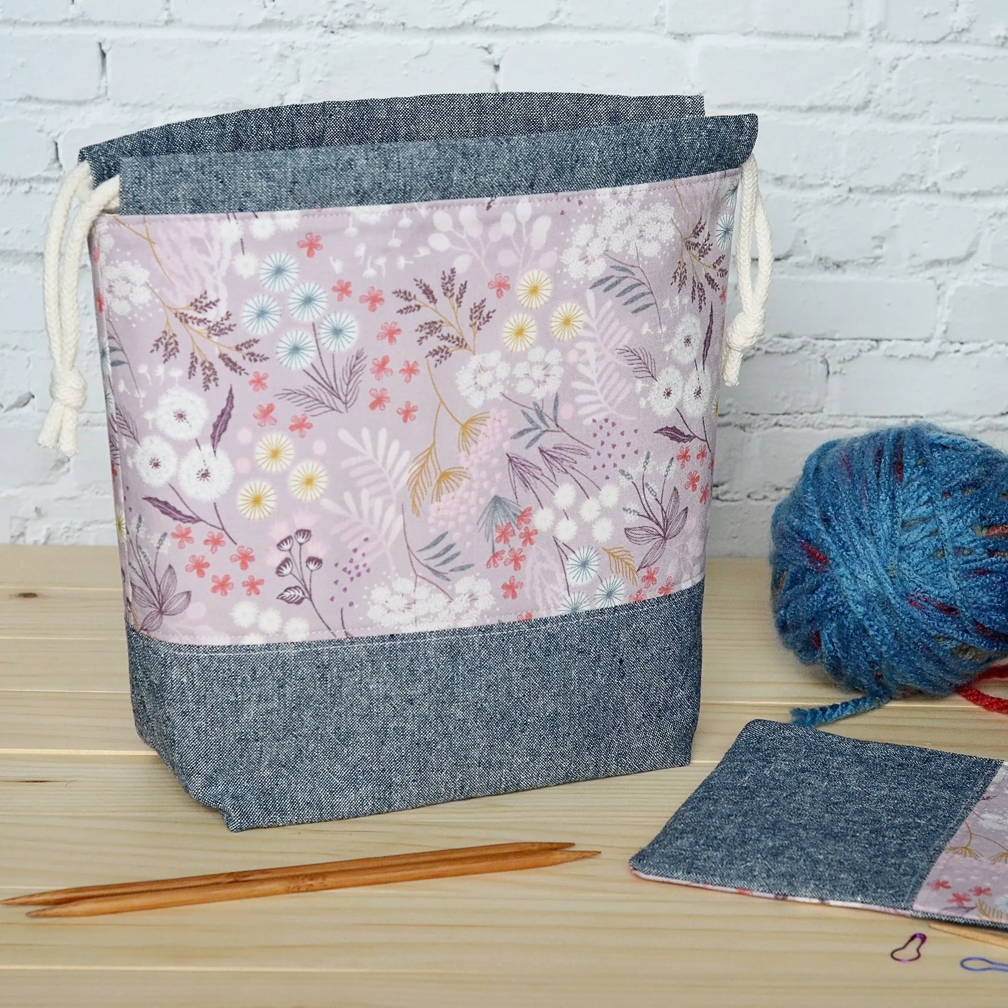 Blue and Mauve Cotton Linen Drawstring Project Bag and Accessory Pouch Set