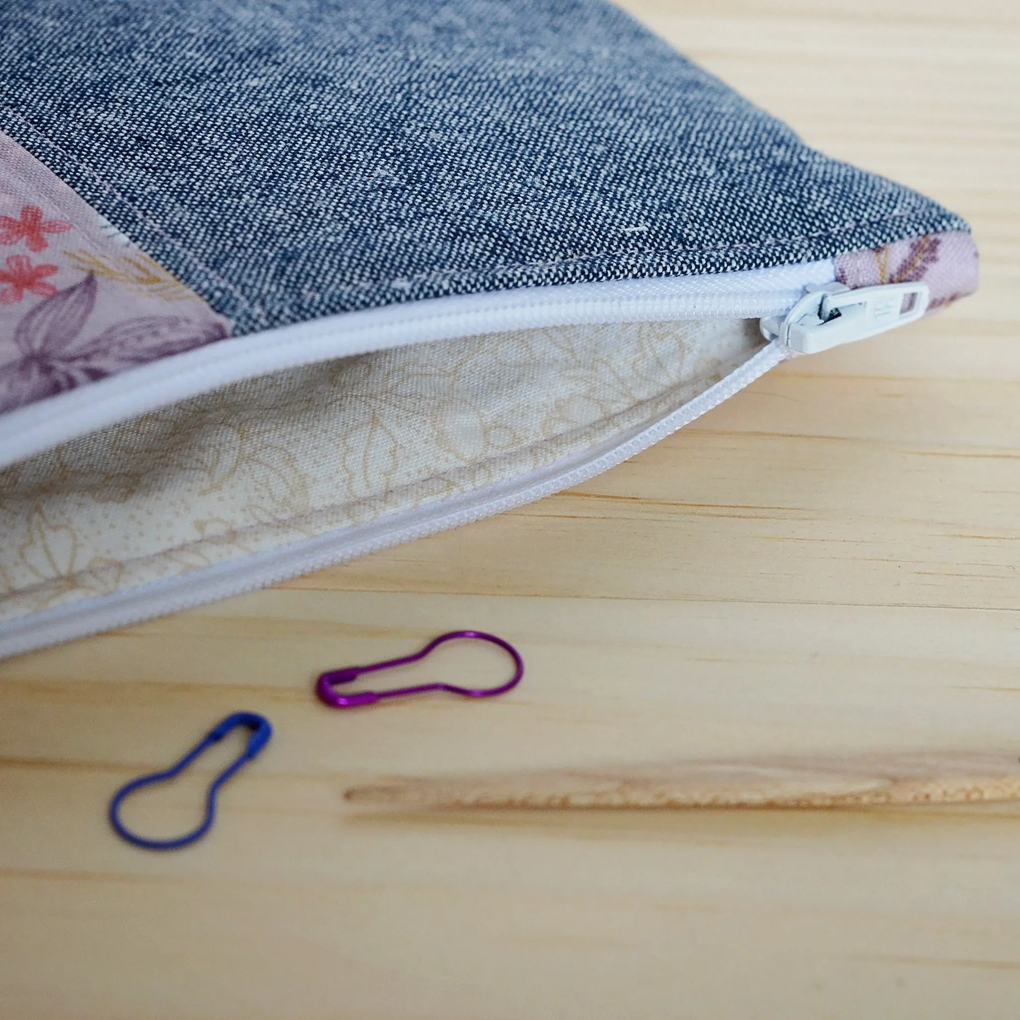 Blue and Mauve Cotton Linen Drawstring Project Bag and Accessory Pouch Set