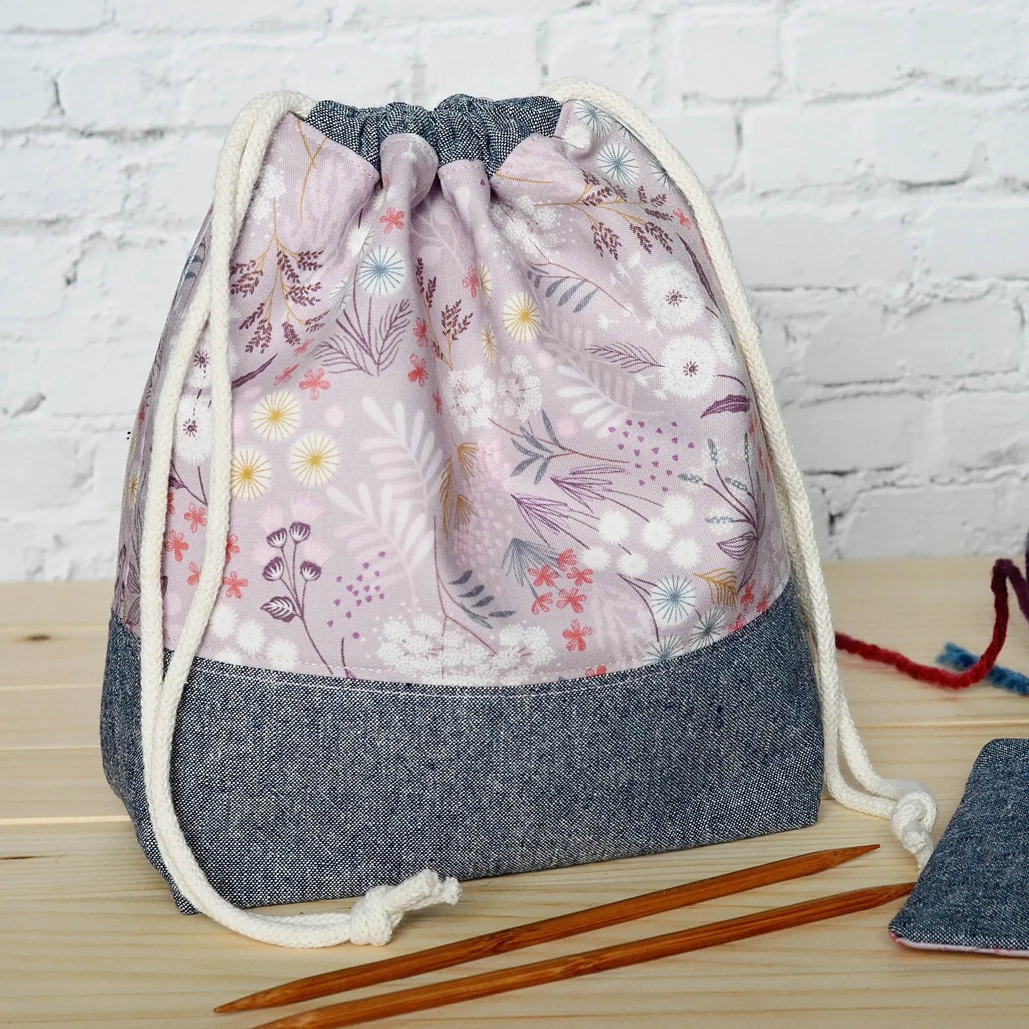 Blue and Mauve Cotton Linen Drawstring Project Bag and Accessory Pouch Set