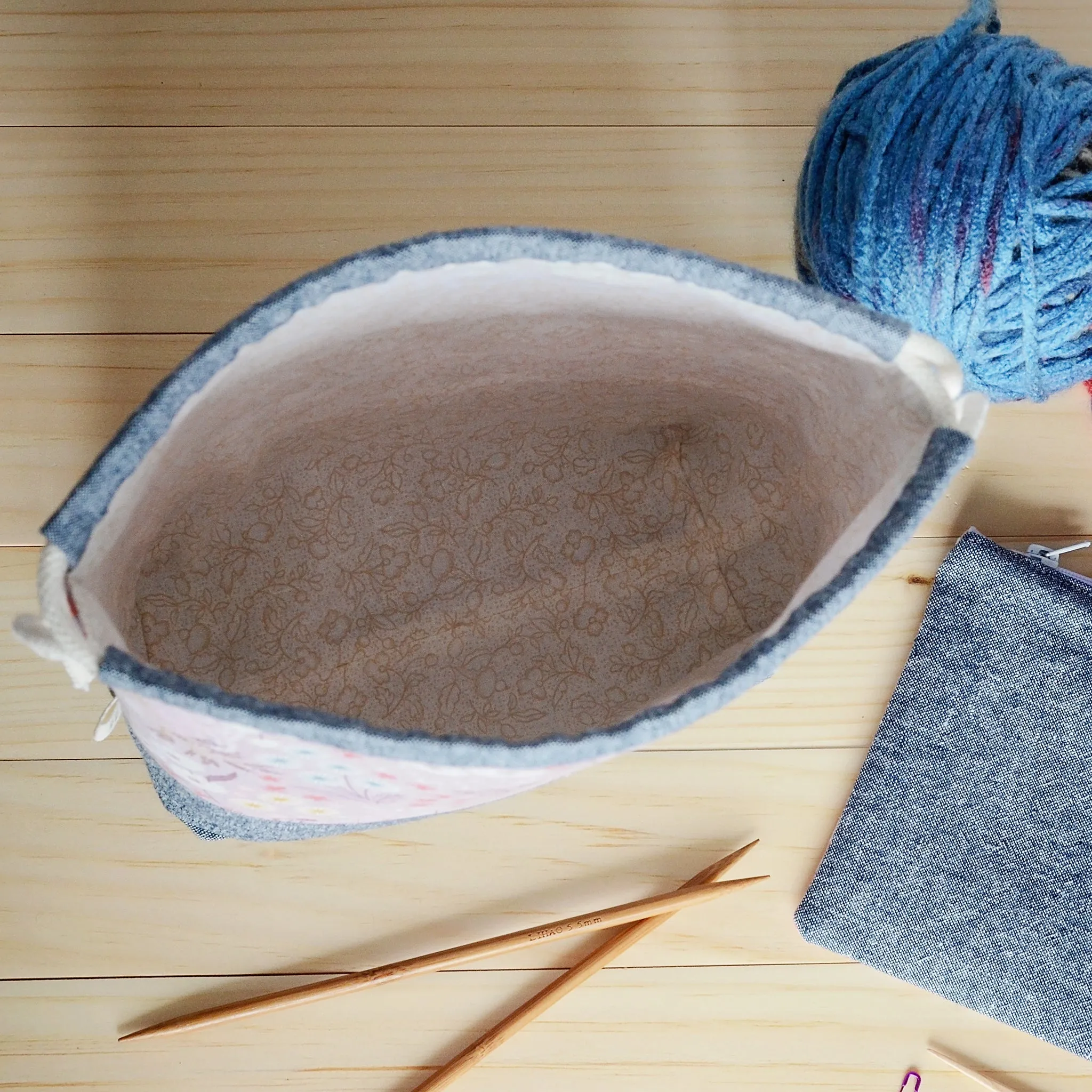 Blue and Mauve Cotton Linen Drawstring Project Bag and Accessory Pouch Set
