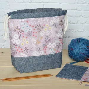 Blue and Mauve Cotton Linen Drawstring Project Bag and Accessory Pouch Set