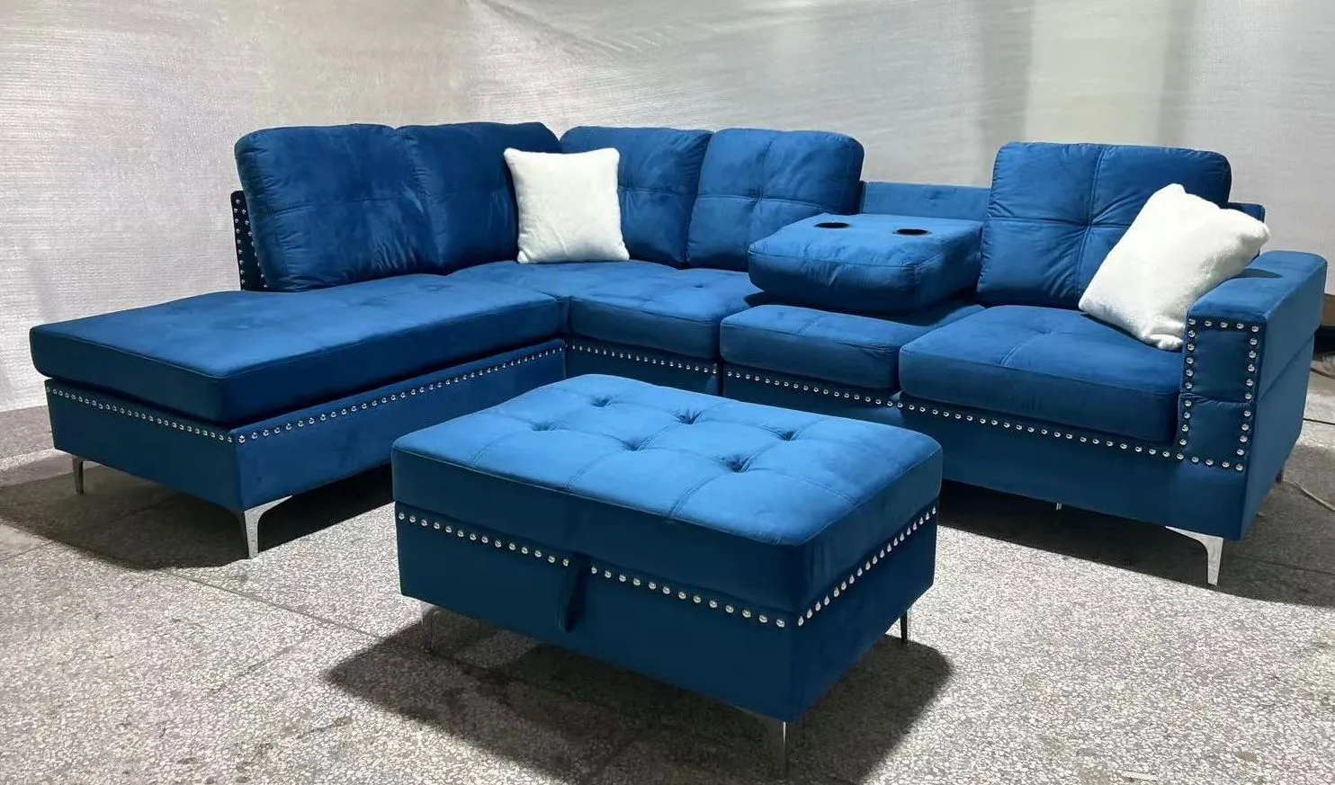 Blue Velvet Sectional With Drop Down Cup Holder & Throw Pillows- Model #2402