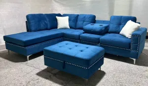 Blue Velvet Sectional With Drop Down Cup Holder & Throw Pillows- Model #2402