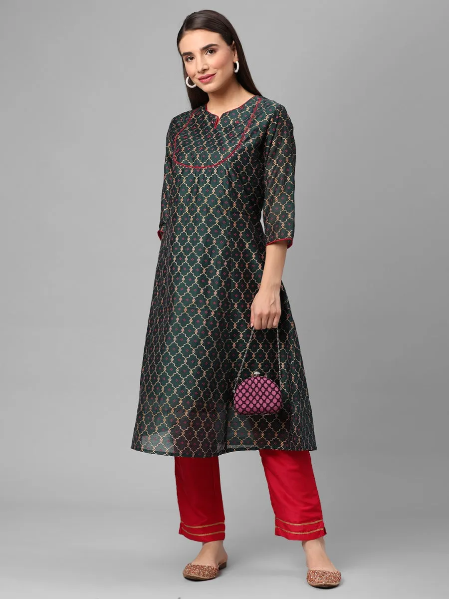 Bottle Green Ornamental Print Kurta Trouser Dupatta