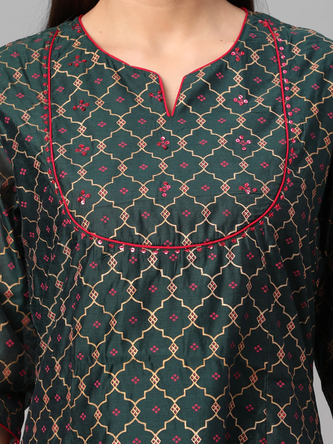 Bottle Green Ornamental Print Kurta Trouser Dupatta