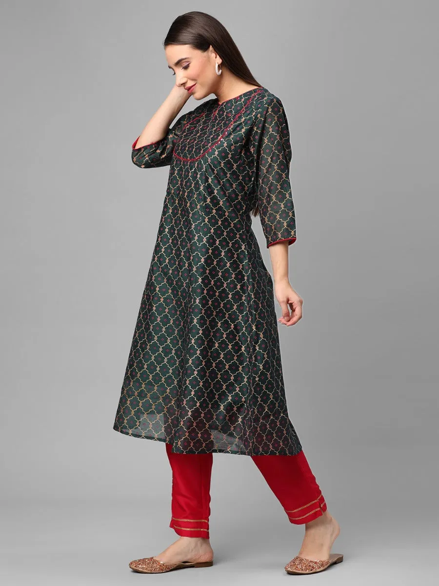 Bottle Green Ornamental Print Kurta Trouser Dupatta