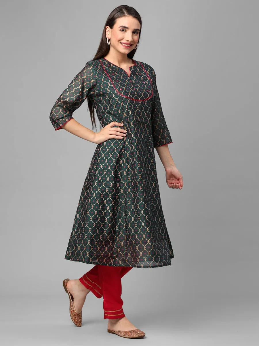 Bottle Green Ornamental Print Kurta Trouser Dupatta
