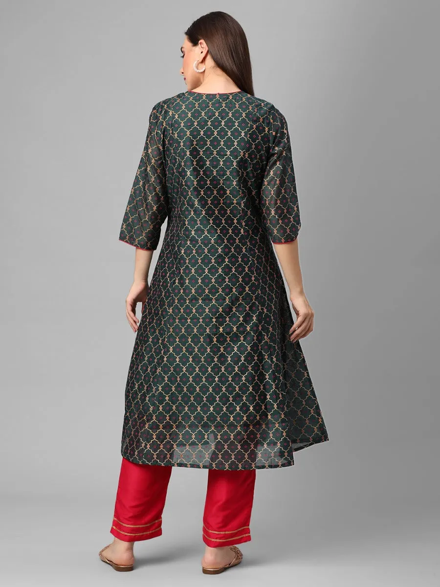 Bottle Green Ornamental Print Kurta Trouser Dupatta