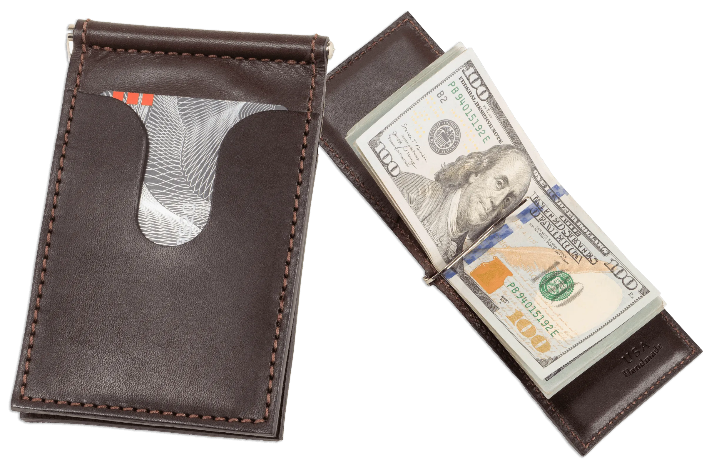 Brown Premium Leather Bifold Slim Profile Wallet With Money Clip