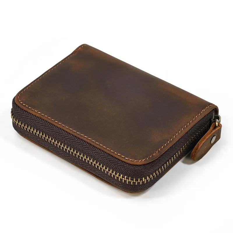 Brown Zip Leather Billfold Wallet for Men Bifold Wallet Vertical Zip Leather Small Wallet For Men