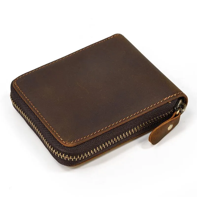 Brown Zip Leather Billfold Wallet for Men Bifold Wallet Vertical Zip Leather Small Wallet For Men