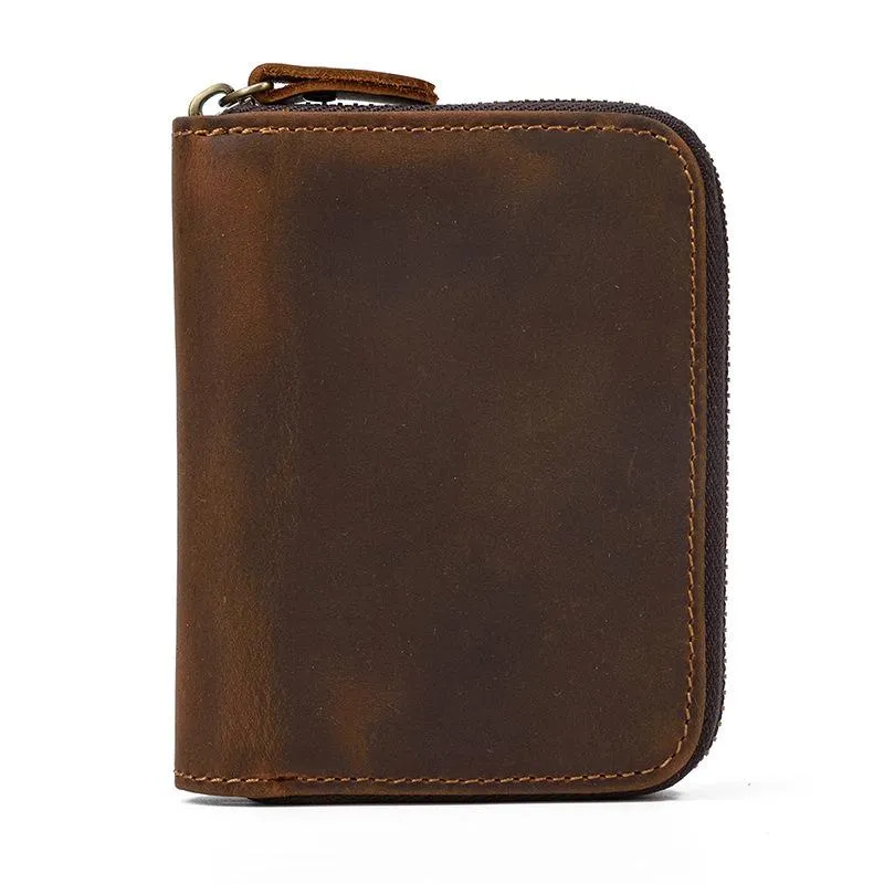 Brown Zip Leather Billfold Wallet for Men Bifold Wallet Vertical Zip Leather Small Wallet For Men