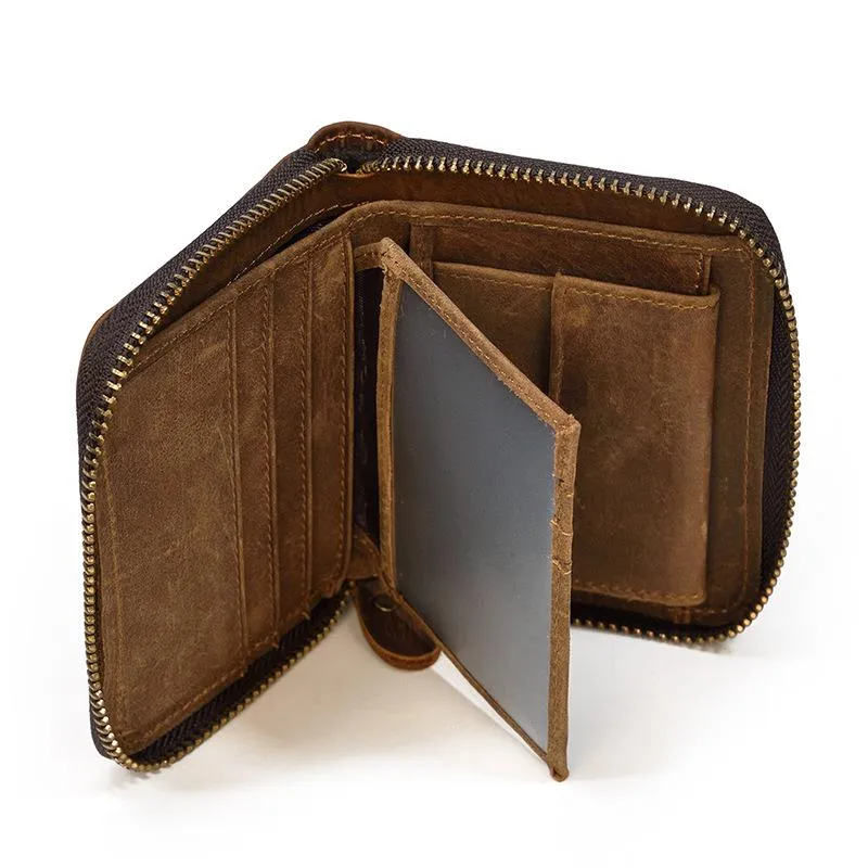 Brown Zip Leather Billfold Wallet for Men Bifold Wallet Vertical Zip Leather Small Wallet For Men