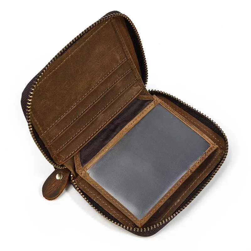 Brown Zip Leather Billfold Wallet for Men Bifold Wallet Vertical Zip Leather Small Wallet For Men
