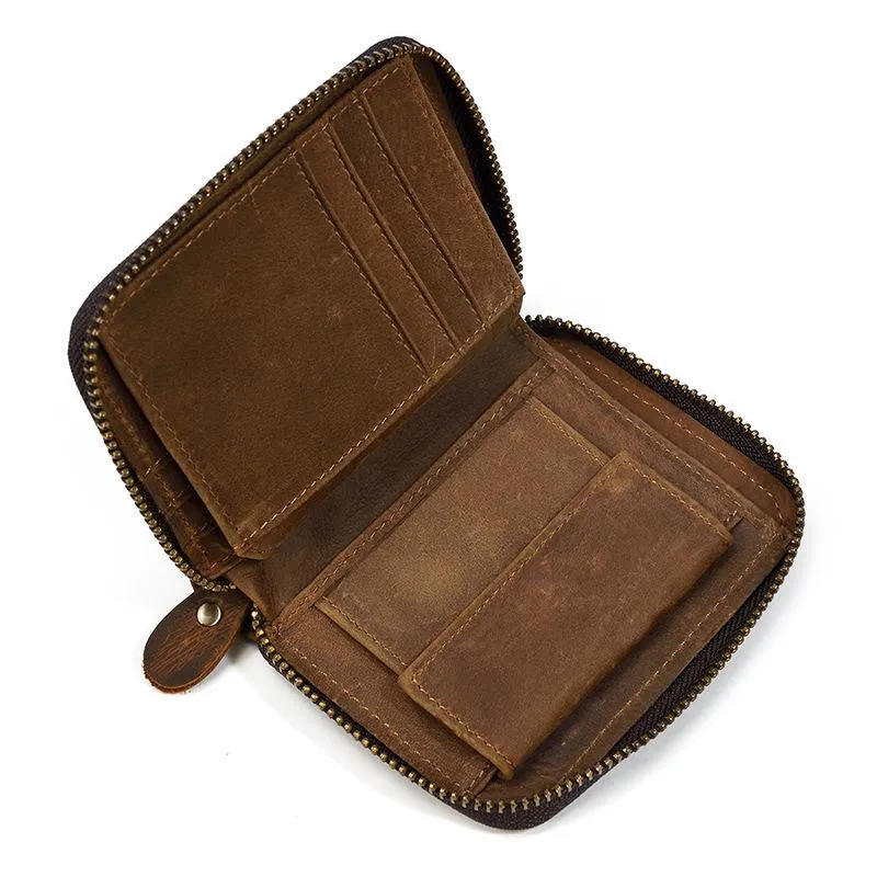 Brown Zip Leather Billfold Wallet for Men Bifold Wallet Vertical Zip Leather Small Wallet For Men