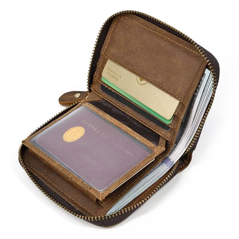 Brown Zip Leather Billfold Wallet for Men Bifold Wallet Vertical Zip Leather Small Wallet For Men