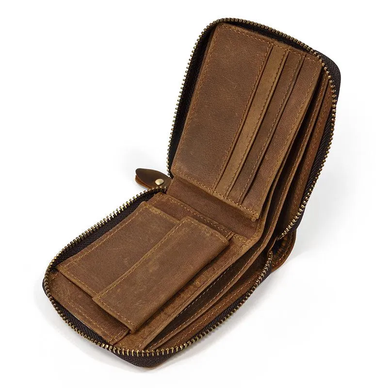 Brown Zip Leather Billfold Wallet for Men Bifold Wallet Vertical Zip Leather Small Wallet For Men