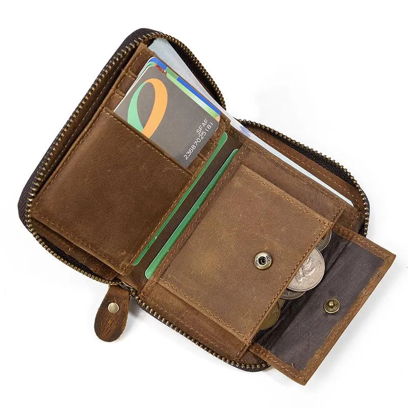 Brown Zip Leather Billfold Wallet for Men Bifold Wallet Vertical Zip Leather Small Wallet For Men